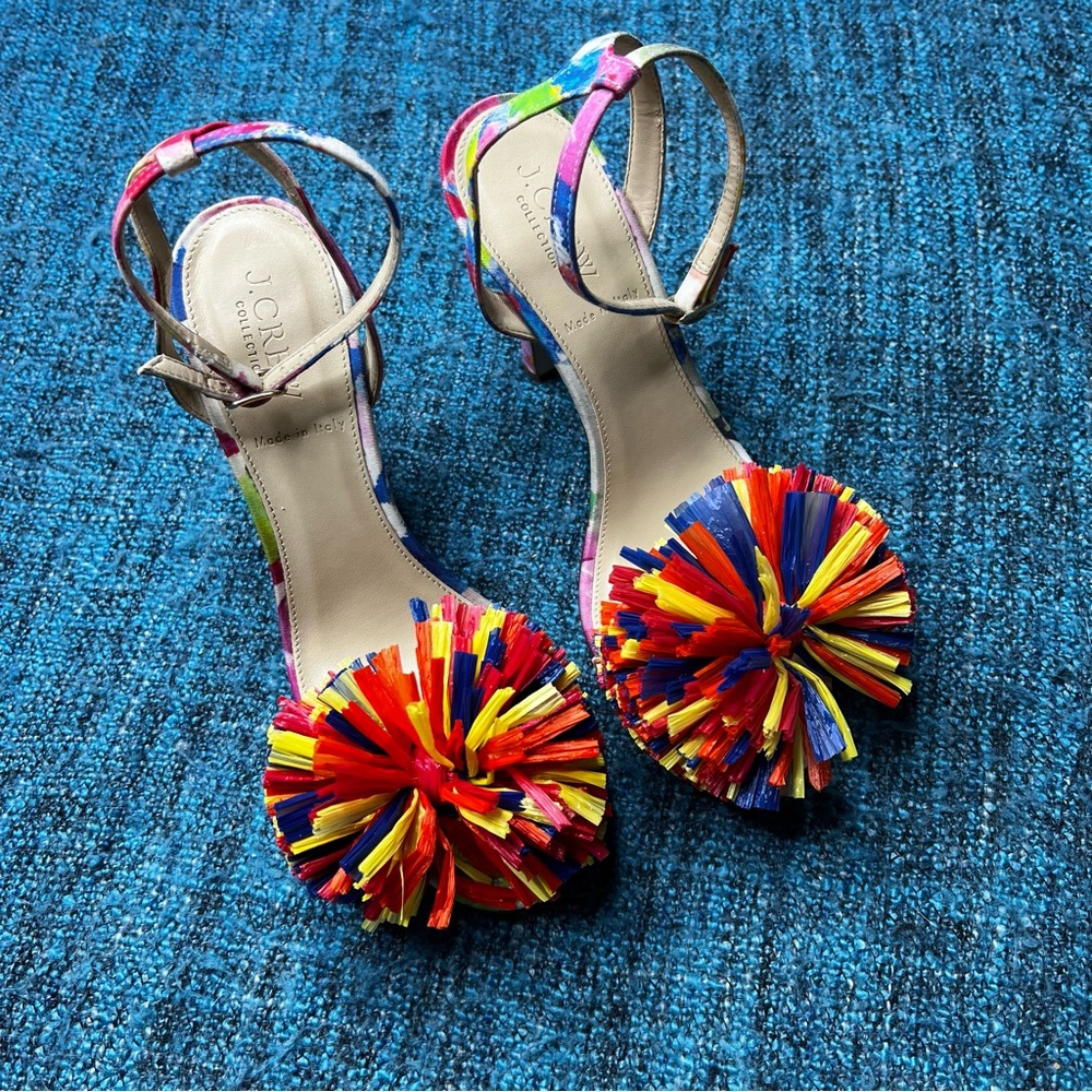 J.Crew Collection Raffia Bow Strappy Coloful Heels Made in Italy Women's 6.5 Pom - Picture 2 of 11